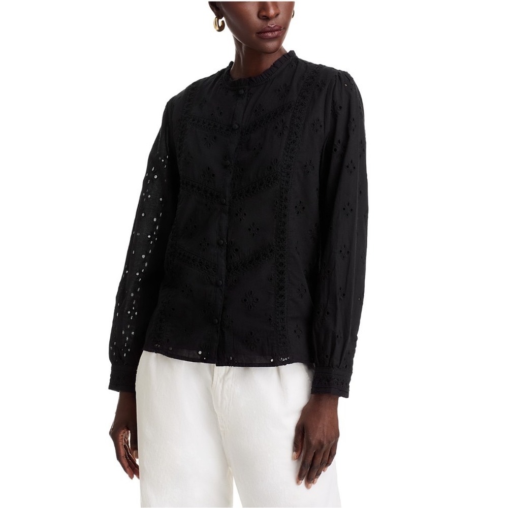 Koko + Mason Black Embroidered Eyelet Button Front Shirt Cotton‎ Top Large NEW